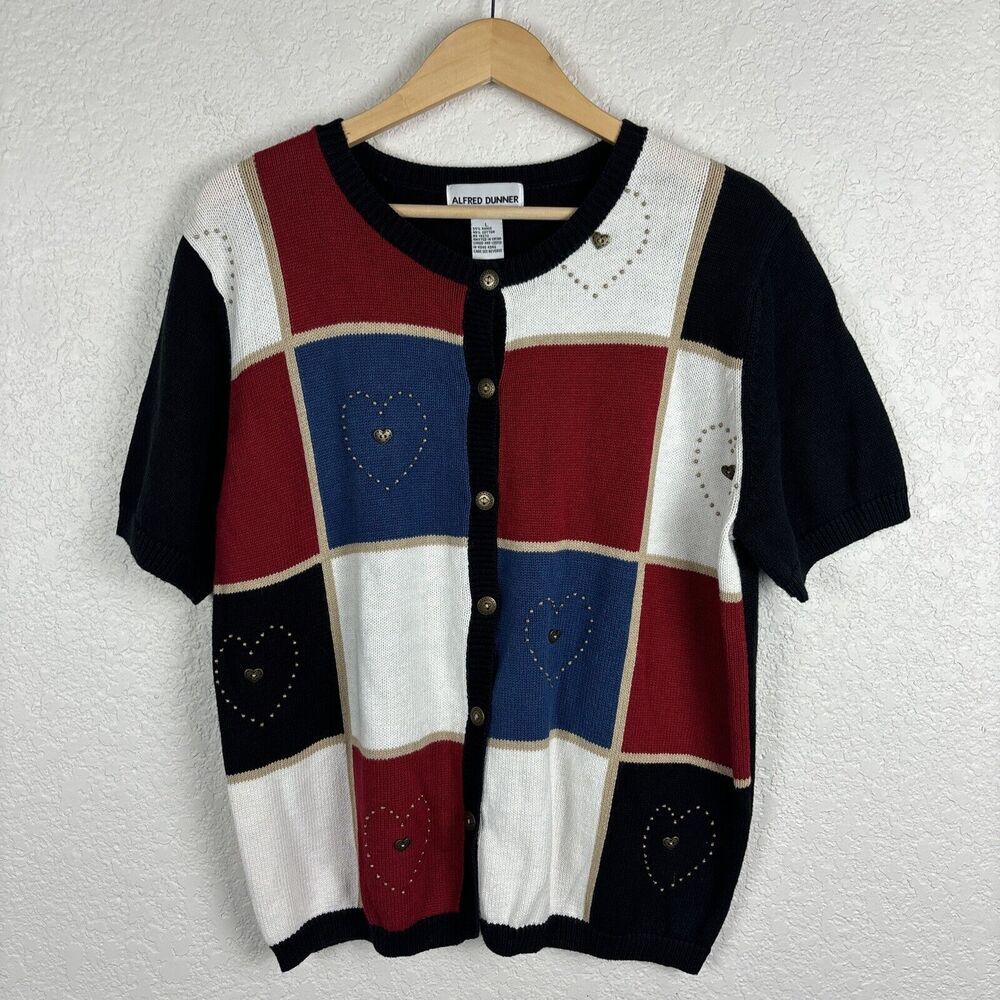 Vintage Alfred Dunner Womens Patchwork Button Up Sweater‎ Large Red White Hearts